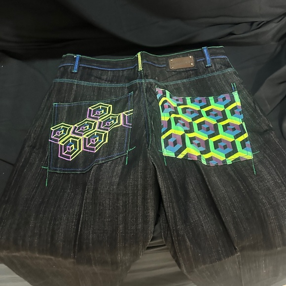 Black Jeans with Neon Accents-Dodeca graphic Y2K jeans-size 34/34-#571 - Picture 3 of 3